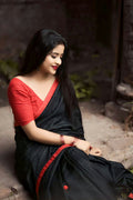 Red Embellished Silk Blend Saree With Unstitched Blouse Piece