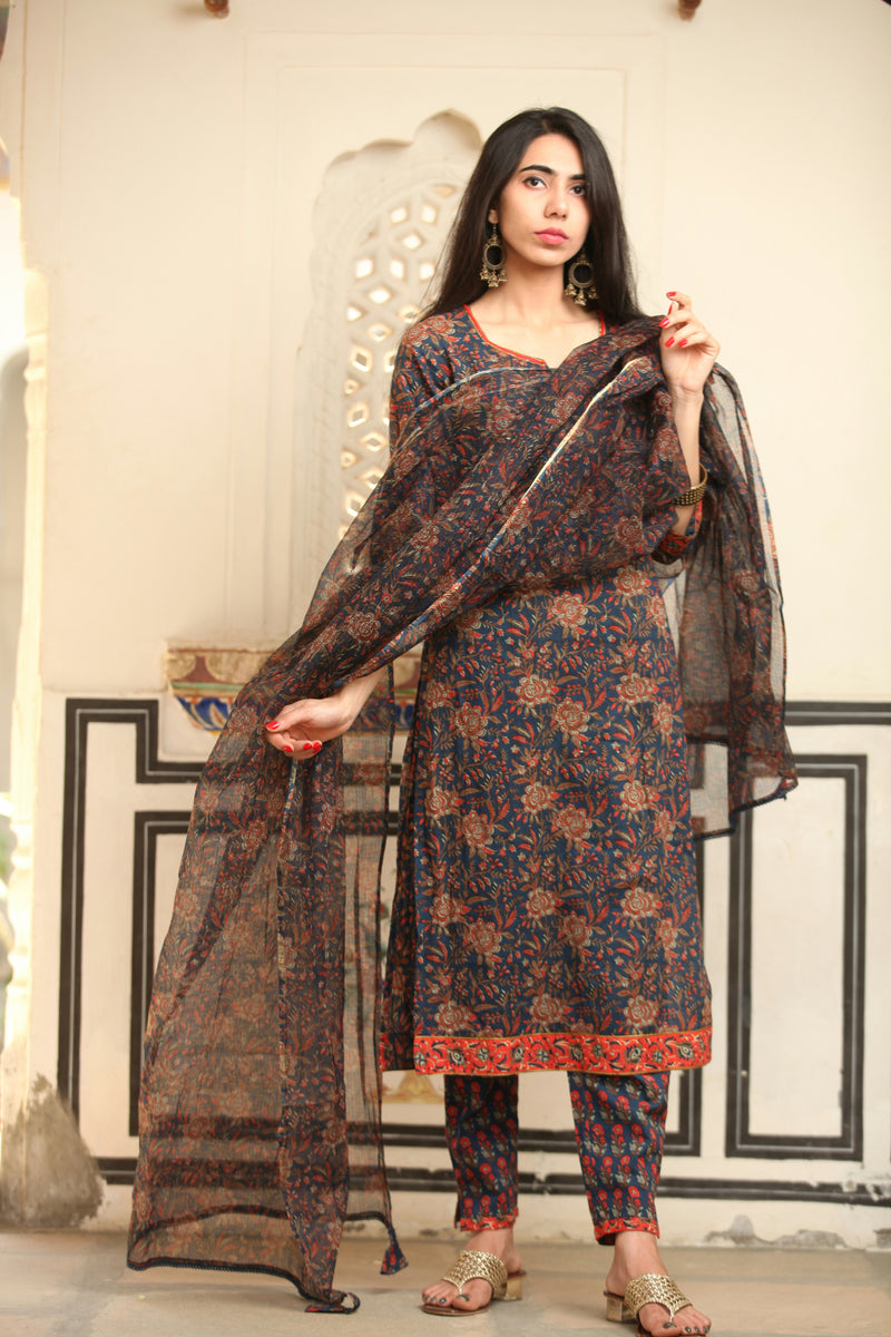 Off White Printed Cotton Straight Kurta