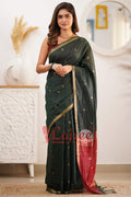 Red Embellished Silk Blend Saree With Unstitched Blouse Piece