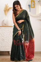 Red Embellished Silk Blend Saree With Unstitched Blouse Piece