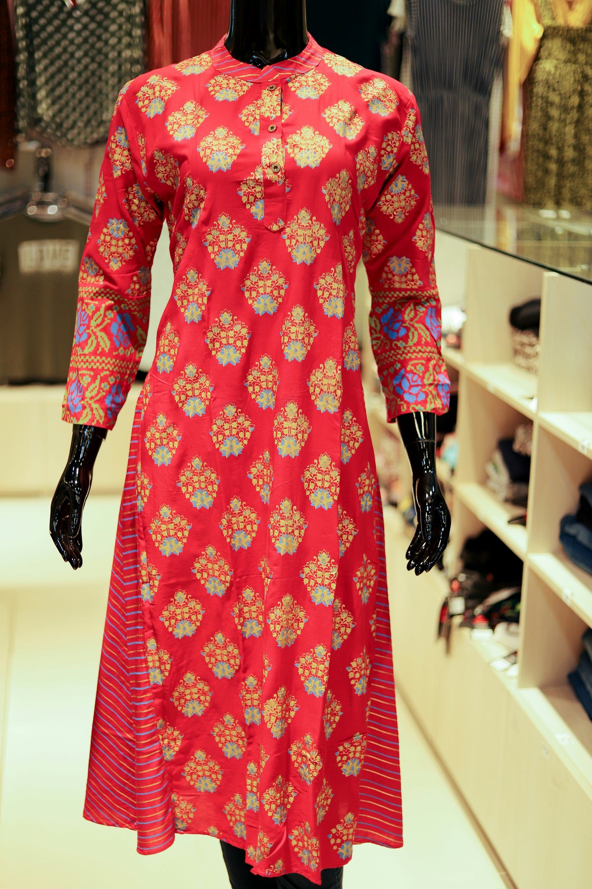 Burgundy Printed Cotton Blend A-Line Short Kurti