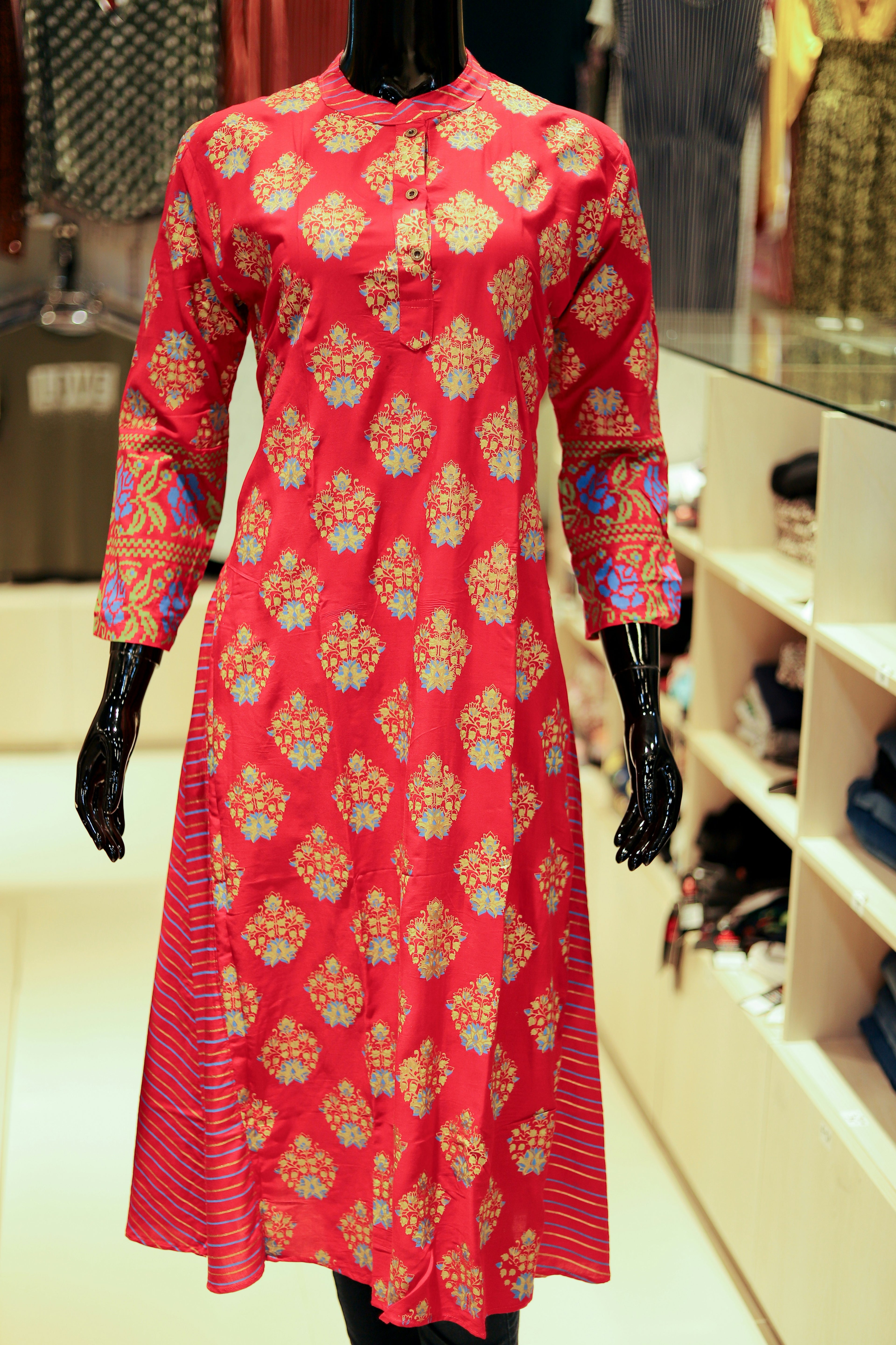 Burgundy Printed Cotton Blend A-Line Short Kurti